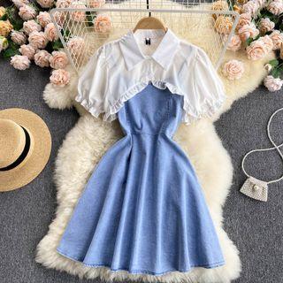 Set Of 2 : Short-sleeve Shawl + Denim Spaghetti-strap Dress