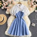 Set Of 2 : Short-sleeve Shawl + Denim Spaghetti-strap Dress