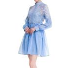 Set: Long-sleeve Lace Panel Mini A-line Dress + Slipdress