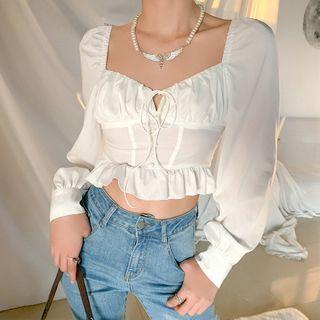 Puff Sleeve Square Neck Ruffled-trim Top