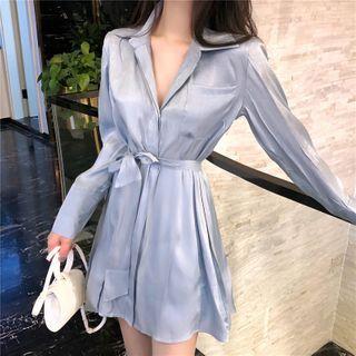 Long-sleeve Sashed A-line Mini Shirtdress Light Blue - One Size