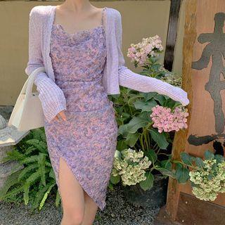 Spaghetti Strap Cowlneck Floral Slit Midi Dress / Cropped Cardigan