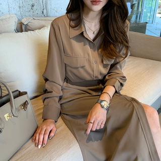 Flap-pocket Long Shirtdress & Sash