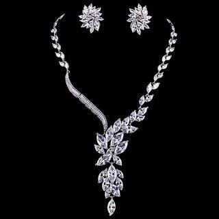 Set: Rhinestone Leaf Necklace + Floral Earring