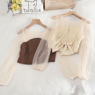 Cold-shoulder Bow Mesh Blouse