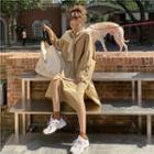 Long-sleeve Plain Shirt Dress Khaki - One Size