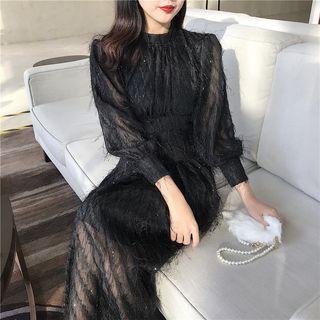 Lantern-sleeve Furry Plain Crochet Dress