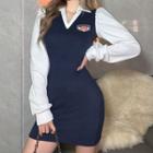 Mock Two-piece Puff-sleeve Embroidered A-line Dress