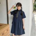 Set: Short-sleeve Collared Dress + Tie