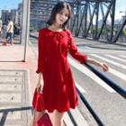 Bow-neck Plain Ruffle Trim Mini A-line Dress