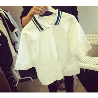 Elbow-sleeve Contrast Collar Shirt