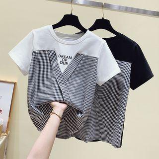 Short-sleeve Round Neck Plain Panel Plaid T-shirt