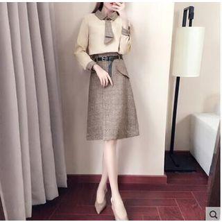 Set: Plaid Panel Blouse + Plaid A-line Skirt + Belt