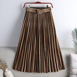 Belted Pleated Midi A-line Skirt