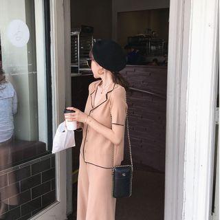 Set: Short-sleeve Knit Shirt + Wide Leg Pants