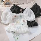 Butterfly Applique Puff-sleeve Cropped Chiffon Blouse