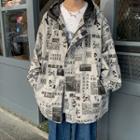 Hooded Chinese Character Print Zip Jacket