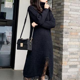 Lace Turtle-neck Long-sleeve Loose-fit Knit Dress Black - One Size