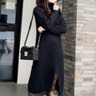 Lace Turtle-neck Long-sleeve Loose-fit Knit Dress Black - One Size