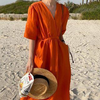 V-neck Strap Waist Short-sleeve Dress Orange - One Size