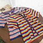 Butterfly Applique Striped Short-sleeve Zip-up Cardigan