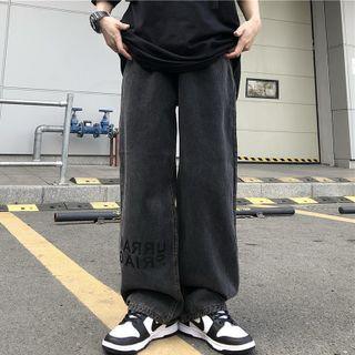 High-waist Lettering Washed Jeans