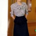 Set: Tie-neck Striped Blouse + Ruffled Midi Skirt