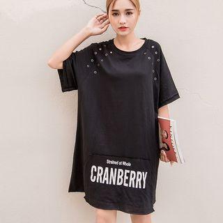 Lettering Eyelet Detail Elbow Sleeve T-shirt Dress
