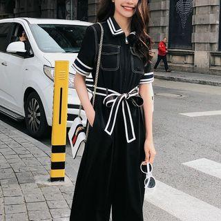 Piped Short-sleeve Collared Jumpsuit