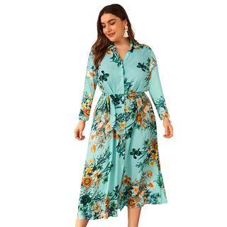 Plus Size Flower Print Long-sleeve Midi Shirtdress