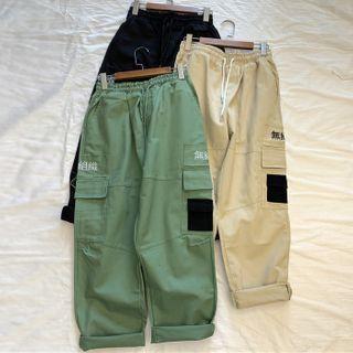 Drawstring Letter Embroidered Cargo Pants