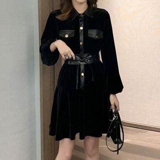 Balloon-sleeve A-line Mini Velvet Dress