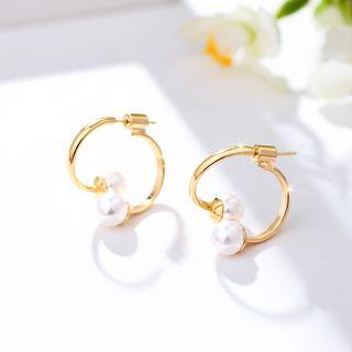 Faux Pearl Open Hoop Earring 925 Sterling Silver - K Gold - One Size