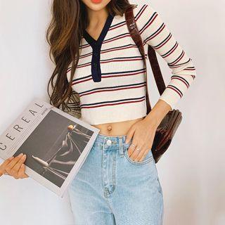 Multicolor-stripe Cropped Rib-knit Henley
