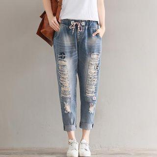 Distressed Bow-tied Jeans