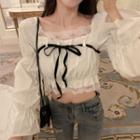 Lace Trim Off-shoulder Cropped Blouse White - One Size