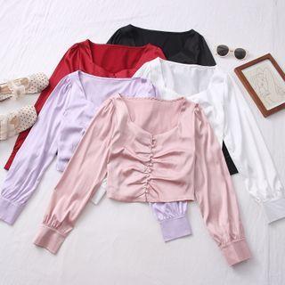 Square-neck Ruched Satin Crop Blouse In 5 Colors