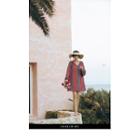 Floral Print Long-sleeve Mini A-line Dress Red & Dark Blue - One Size