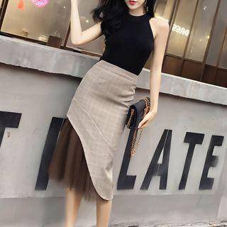 Set: Plain Knit Tank Top + Mesh Hem Midi Skirt