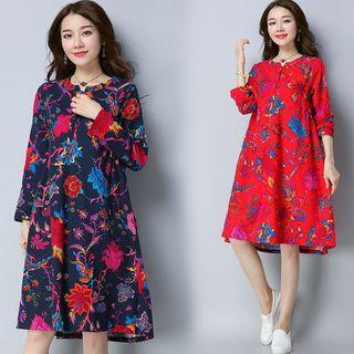 Flower Print Long-sleeve A-line Dress