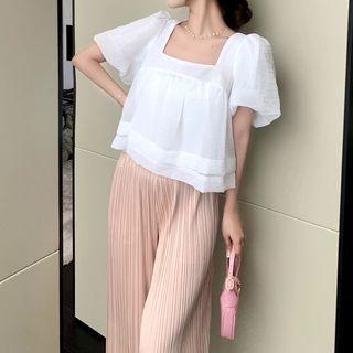 Bow Short-sleeve Blouse / Wide Leg Pants