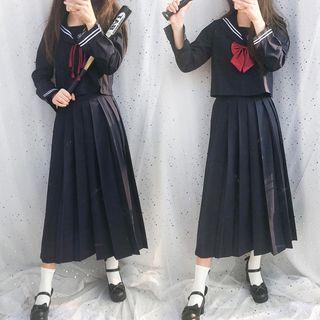 Set: Long-sleeve Sailor Collar Shirt + A-line Pleated Skirt + Bow