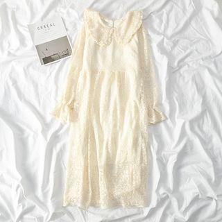 Peter Pan Collar Bell Sleeve Lace Midi Dress Almond - One Size