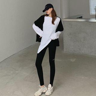 Long-sleeve Plain T-shirt / Lettering Leggings