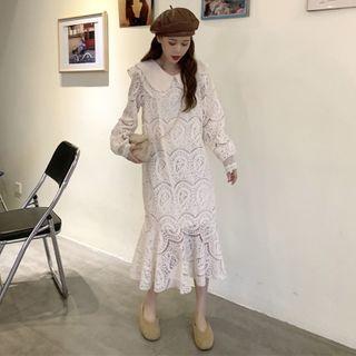 Long-sleeve Doll-collar Lace Midi Dress White - One Size