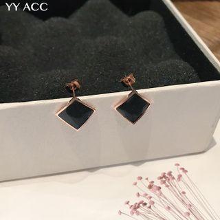 Square Glaze Stainless Steel Dangle Earring Rose Gold Trim - Black - One Size