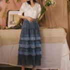 Set: Plain Elbow-sleeve Blouse + High Waist Midi Layered Skirt