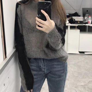 Color Block Knit Pullover Gray - One Size