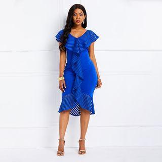 Cap-sleeve Ruffle Collar Midi Dress