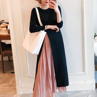 Two Tone Pleated Panel Long Sleeve Dress